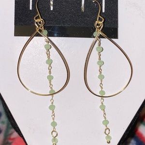 Gold oval and light green bead teardrop earrings